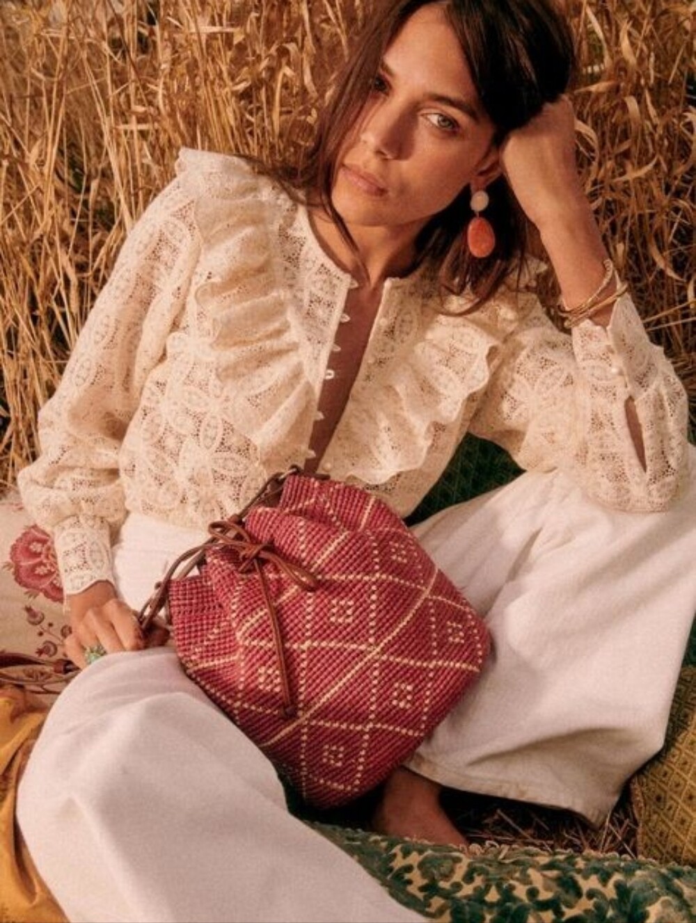 * NWT* [Sezane] Farrow Bucket Bag In Bougainvillia, Raffia